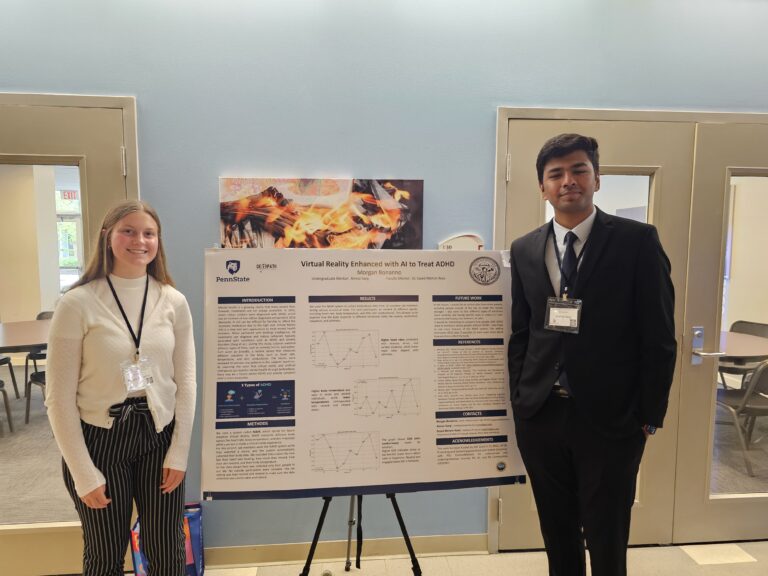 Morgan Bonanno presenting her research poster on "Virtual Reality Enhanced with AI to Treat ADHD" at the 2025 EnvironMentor Symposium at Penn State University.